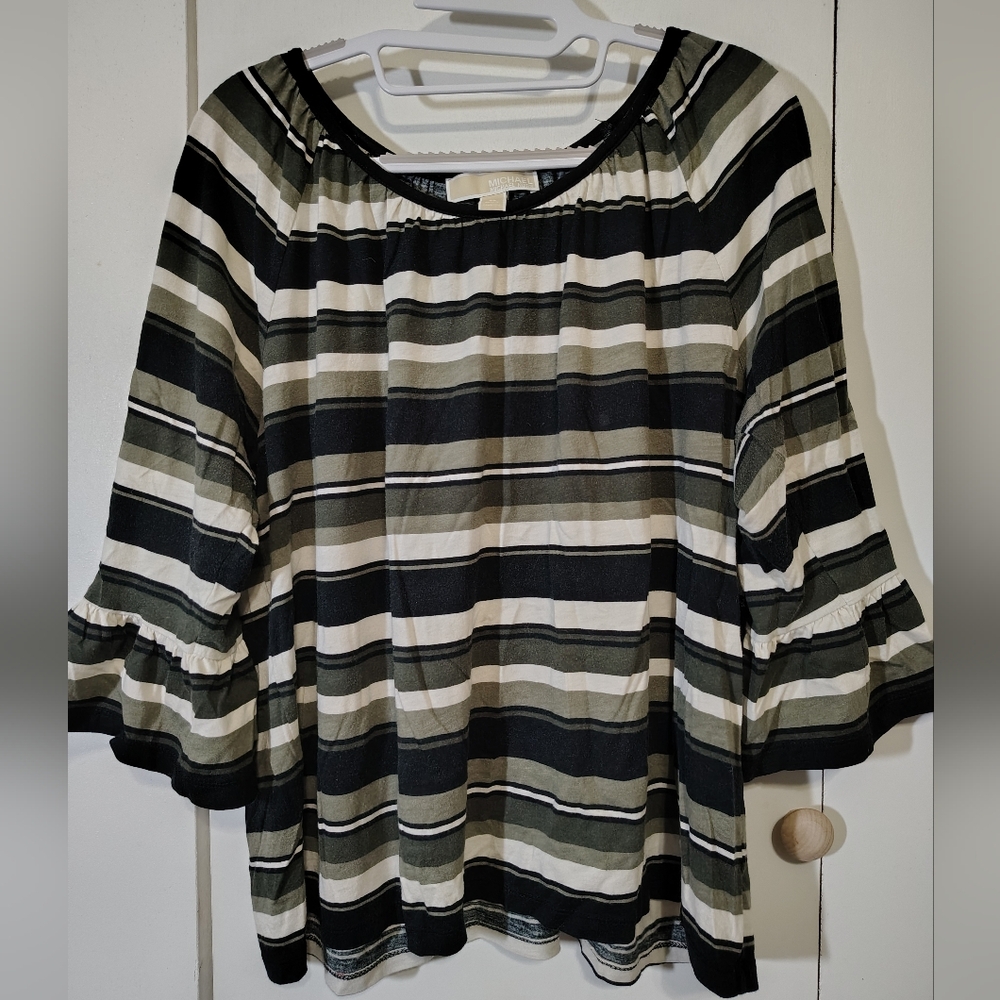 Michael Kors Black, Green and White Striped Knit Blouse